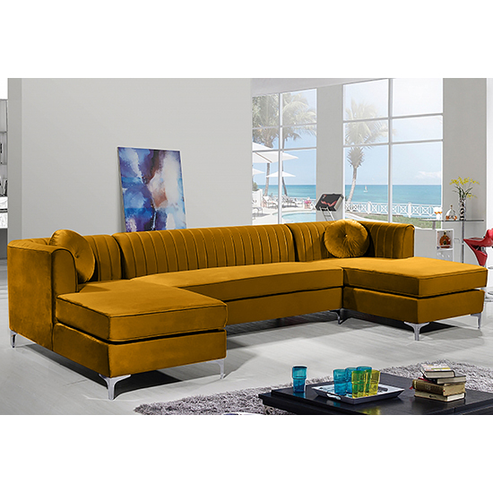 Asbury U-Shape Plush Velvet Corner Sofa In Gold