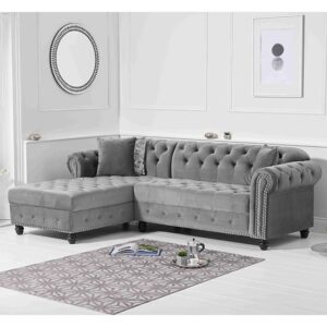 Bicasto Velvet Left Facing Corner Chaise Sofa In Grey