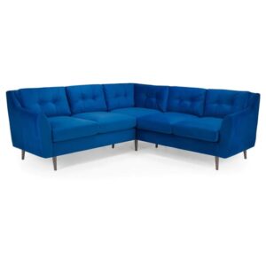 Helena Plush Velvet Corner Sofa In Blue With Wooden Legs